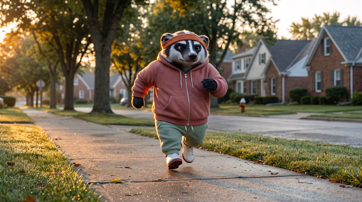 Barry the Badger jogging through a peaceful American residential suburb early in the morning.