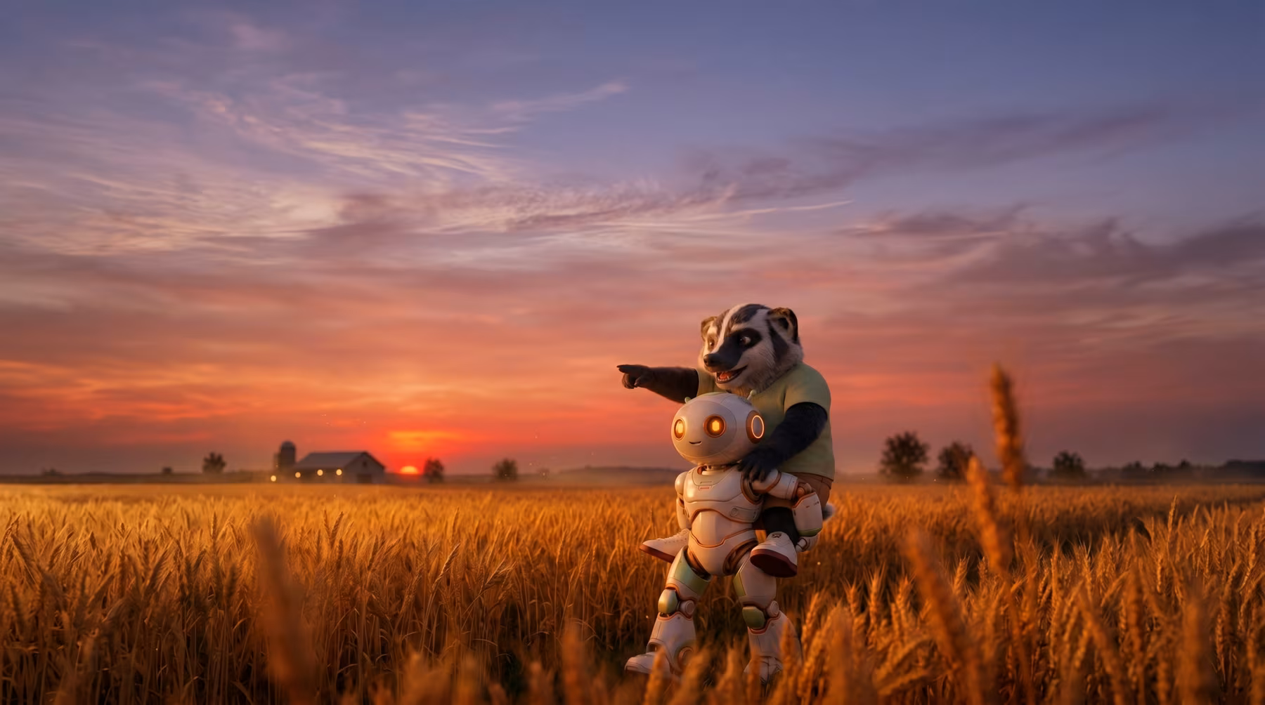 American Badger piggybacking on a cute robot walking through a what field at sunset.