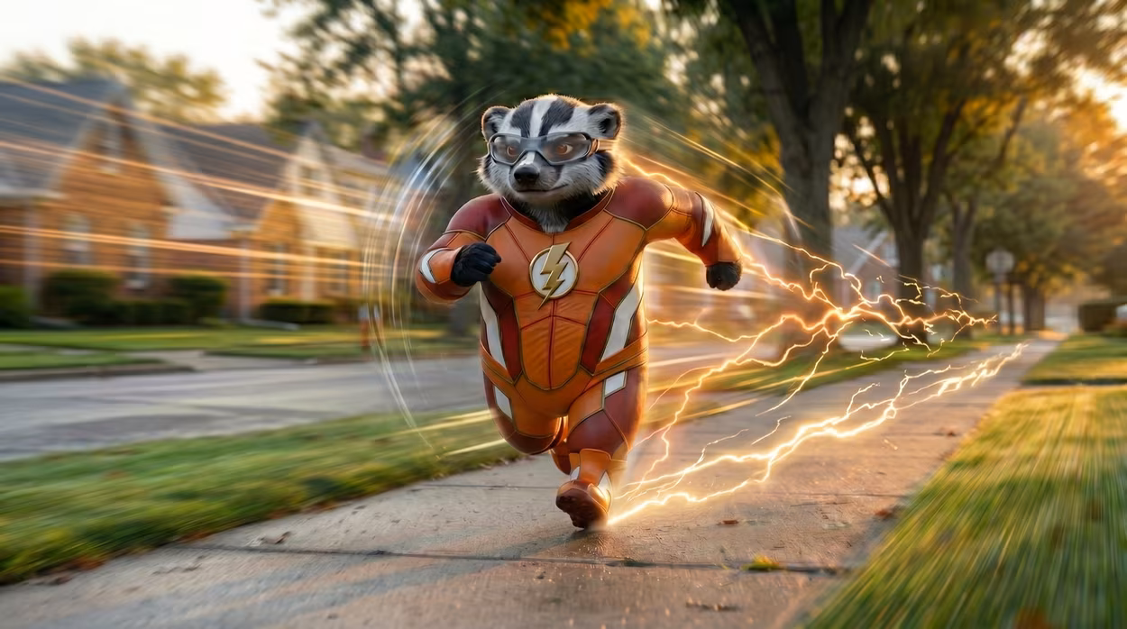 American Badger dressed as a speedster superhero blasting through a residential suburb at supersonic speed. Trail of yellow lightning visible behind him.