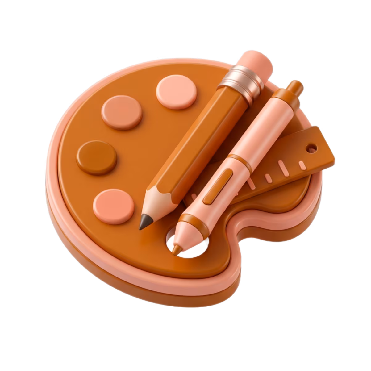 A 3D render of a paint palette, pencil, and ruler - illustrating custom visual asset creation services.