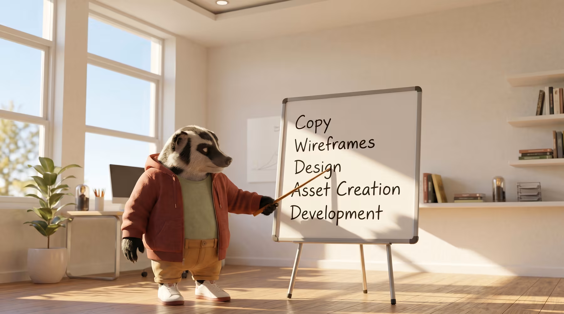 Barry the Badger points at a whiteboard with key steps of our design and development process are outlined.