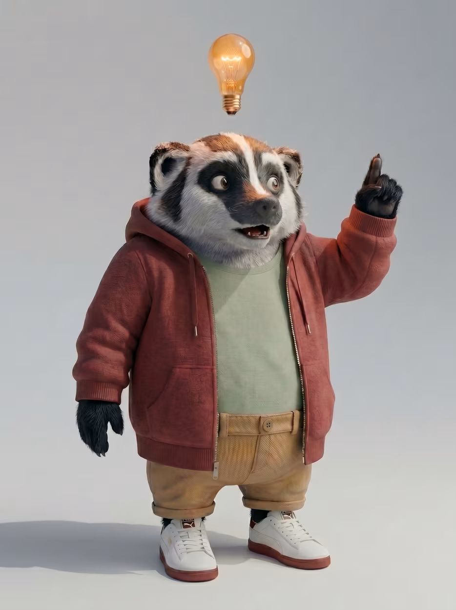 Barry the Badger is having an eureka moment with a light bulb lighting up above his head.