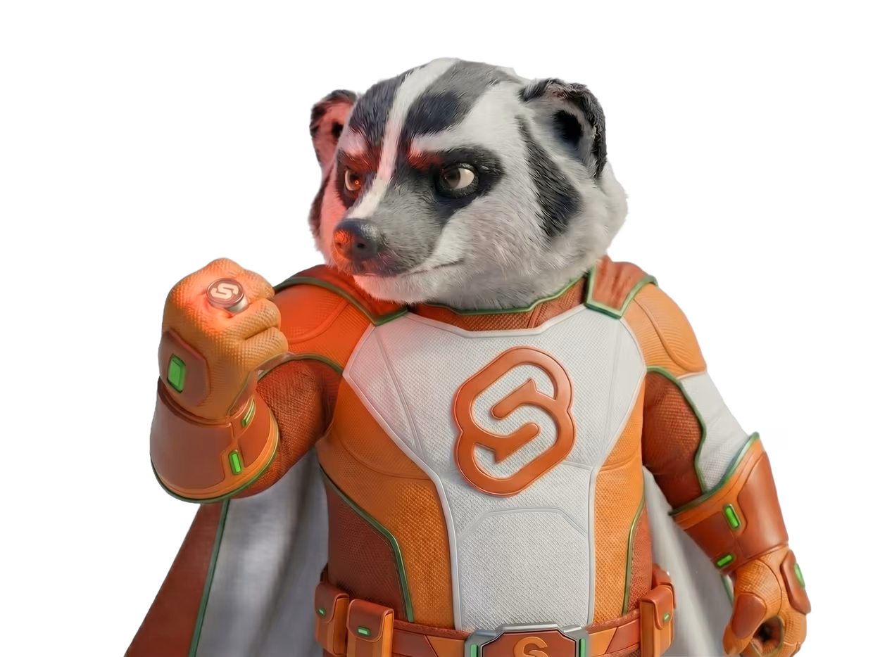 Barry the Badger dressed in a Svelte superhero costume looking epicly in the distance.