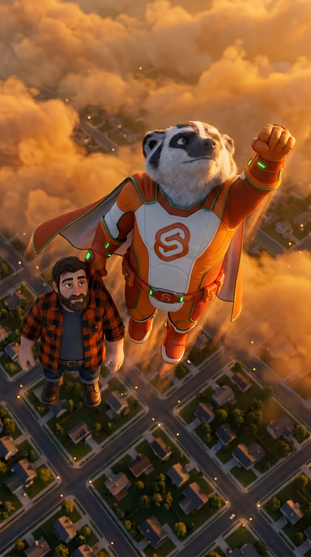 Badger in superhero costume is lifting a client up above the sky, showing him the power of Svelte and Cloudflare.