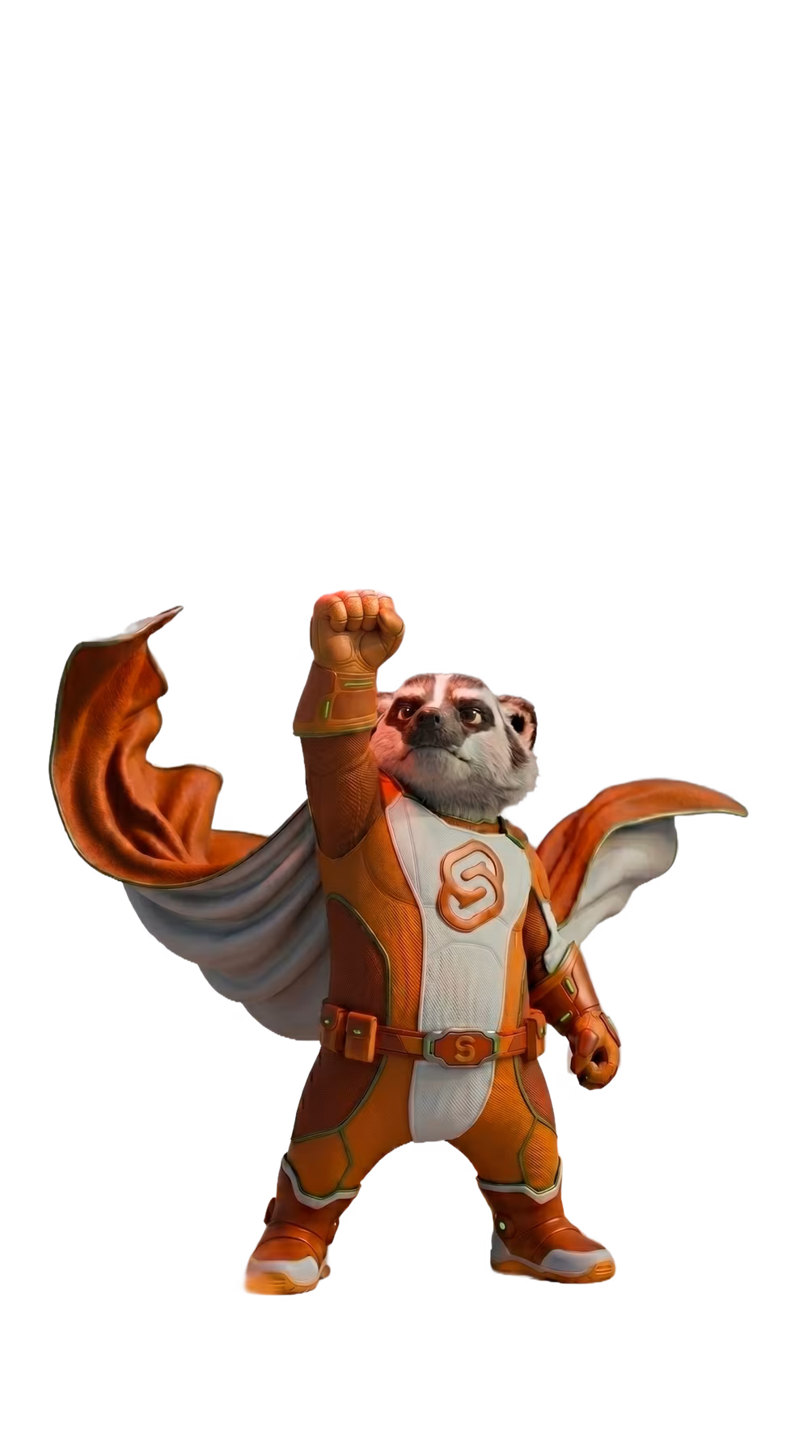 American Badger throwing a fist in the air above his head. A beam of powerful red energy is shooting up from the ring on his hand.