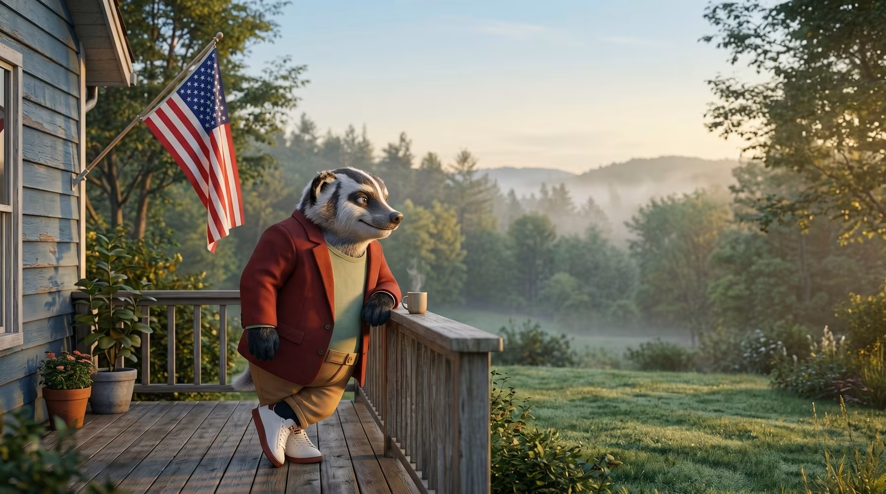 Barry Wilder the mascot standing on a porch of an American house overlooking early morning forest scene.