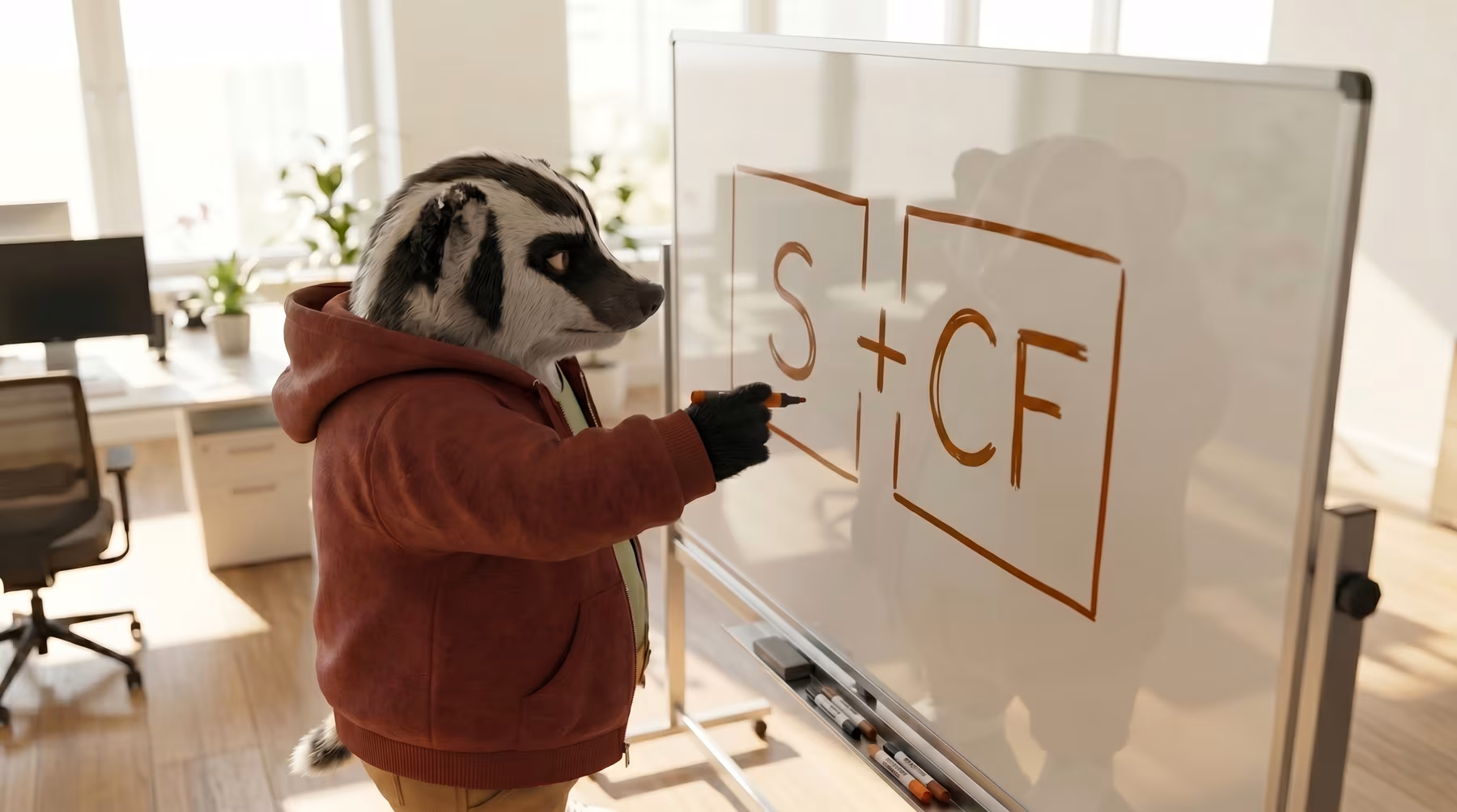 American Badger mascot writing our LegitWebDev tech stack as S + CF on a whiteboard.