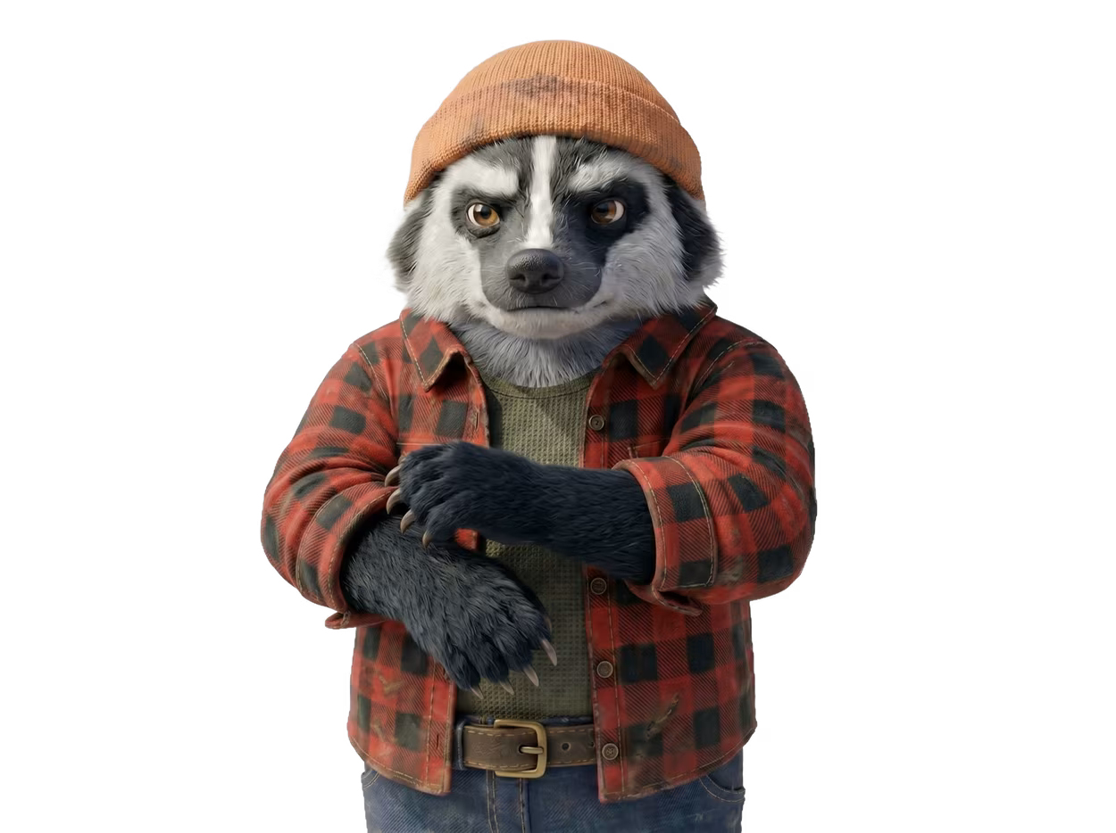 Barry the American Badger dressed as a lumberjack preparing for work.