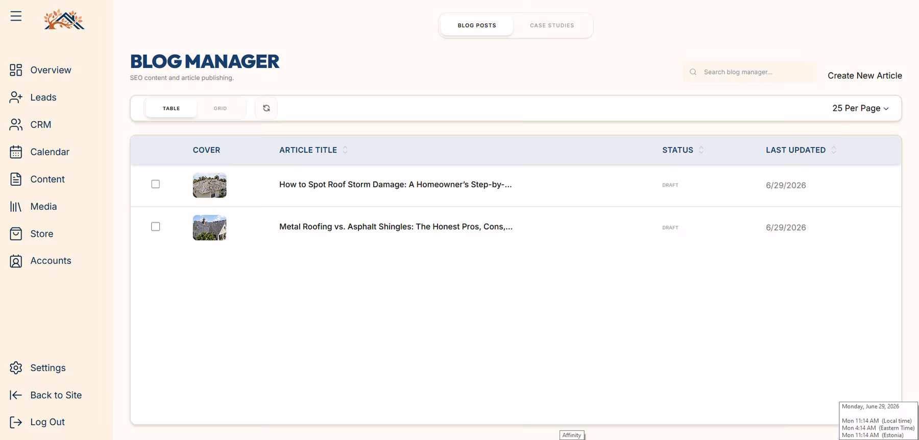 Screenshot of a custom dashboard page called Blog Manager.