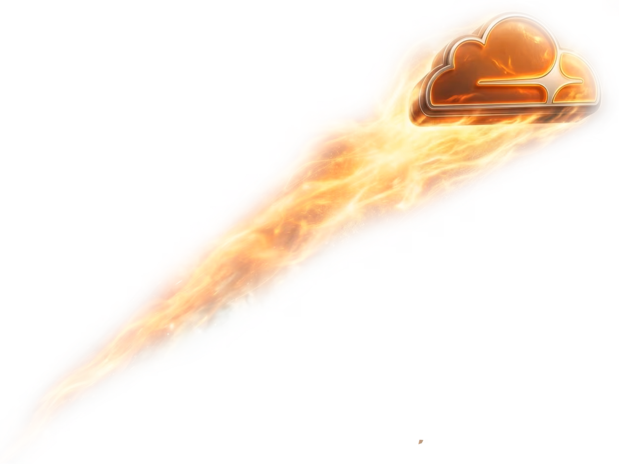 Cloudflare logo flying through the sky with a trail of flames behind it.