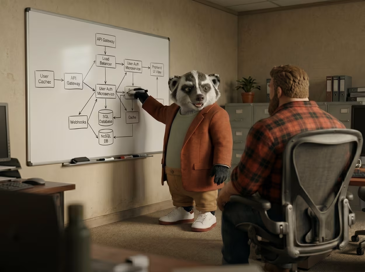 Badger explains to a web development client the custom scope of the project and timelines.