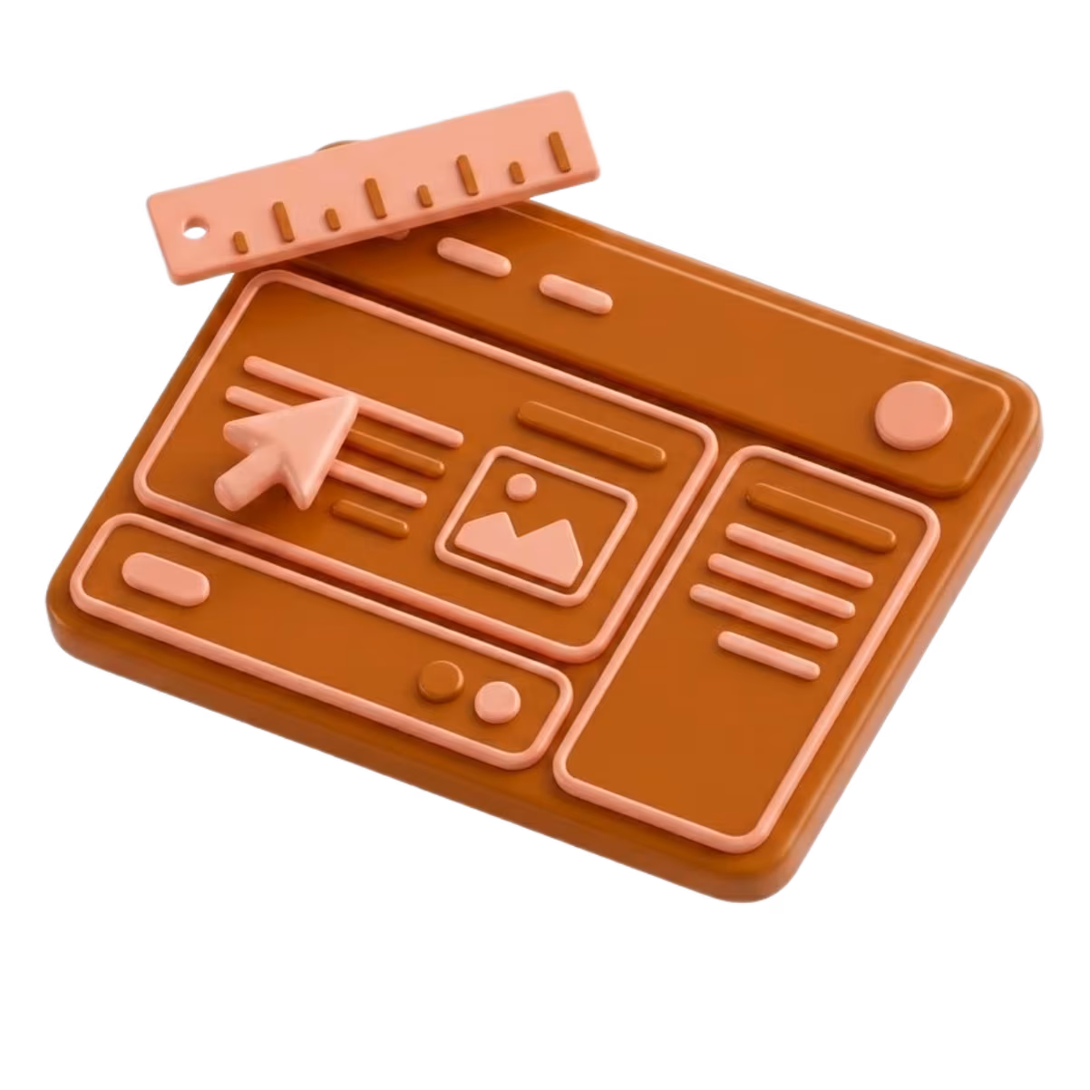3D rendered icon with design wireframes and instruments representing web design services.