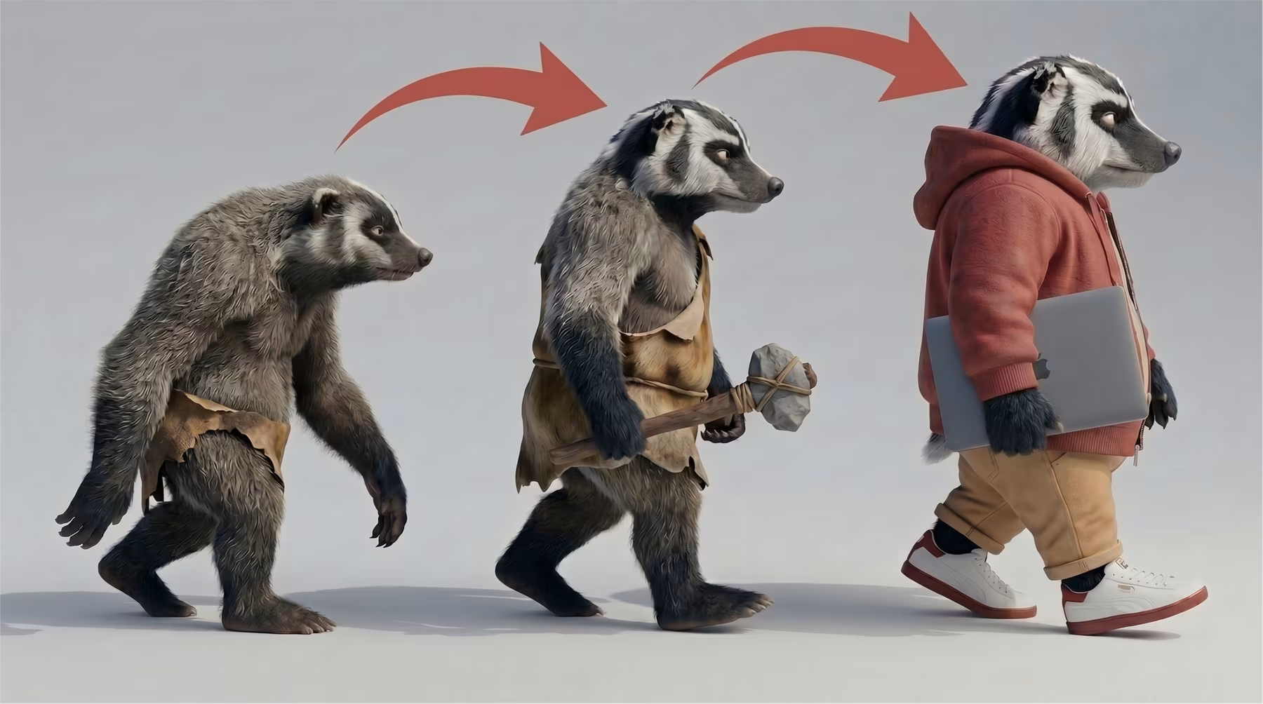 Evolution of web development shown through a badger mascot that is evolving from a cave badger to a modern, high-tech badger with a laptop.