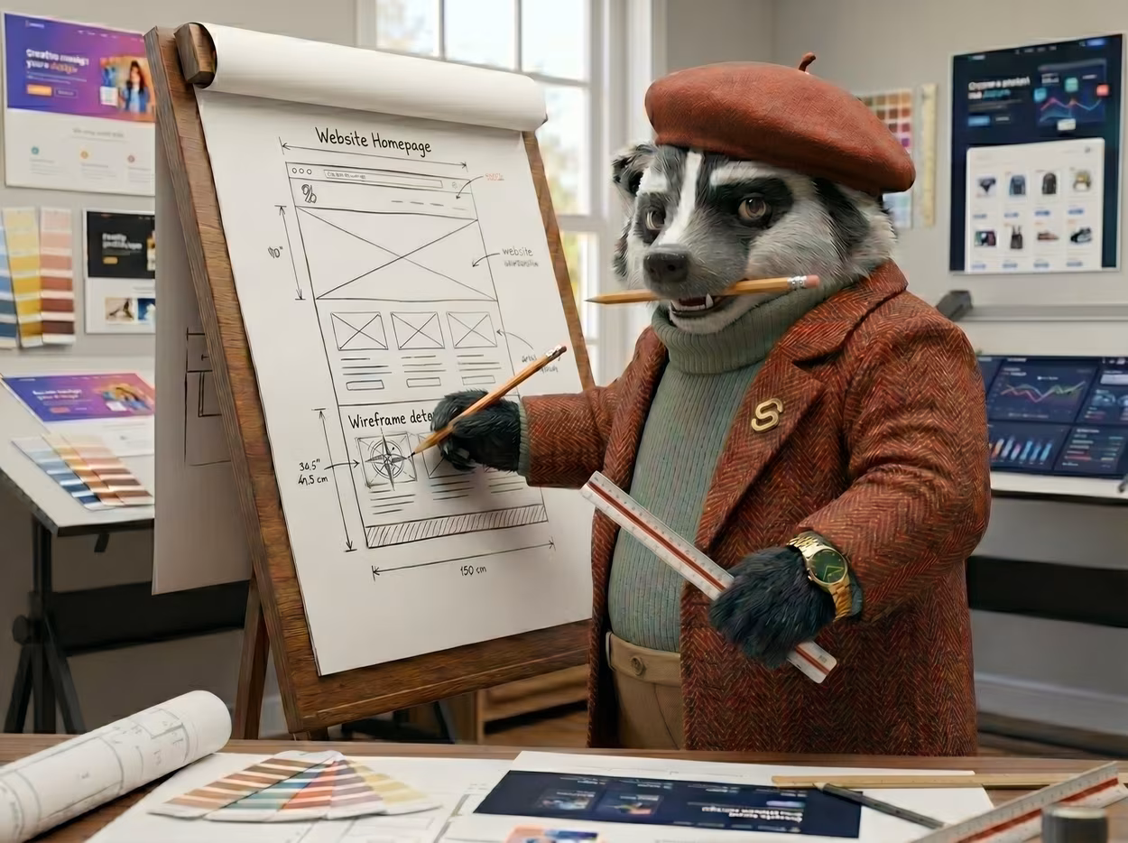 Designer Badger with pencil in his mouth creting wireframes for a website on an easel in front of him in an art sutdio.