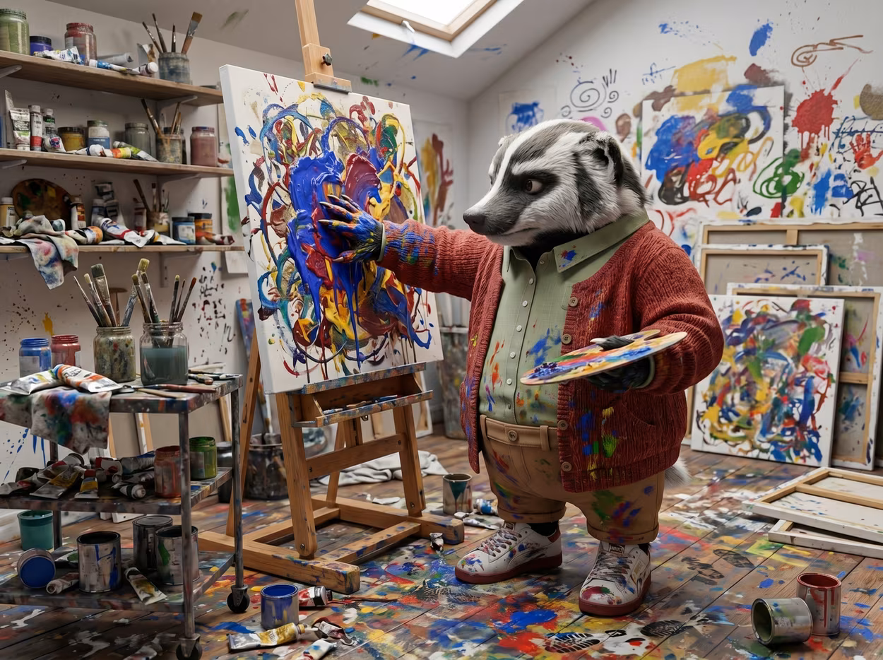 A friendly badger mascot creates a vibrant abstract painting in a colorful studio setting.