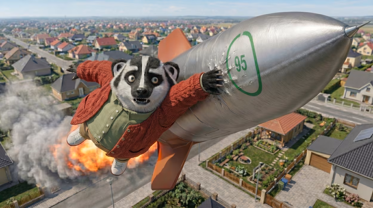 Badger mascot is flying through the skies above American suburbs at insane speed, barely holding onto his dear life, grabbing the rocket metal with claws of one hand. The rocket has Google Speed Index logo showing 95, representing the gnarly performance LegitWebDev websites have.