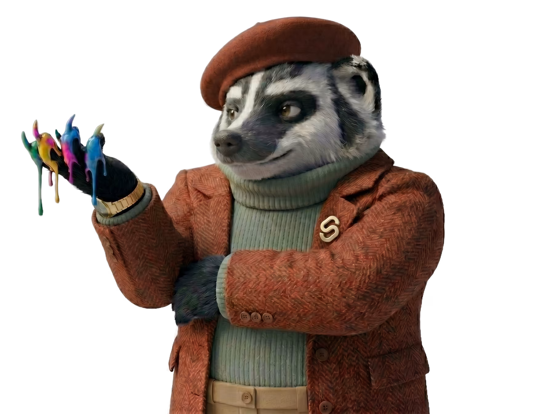 Barry the American Badger dressed as a sophisticated, high-end designer, looking to the side and showing one of his paws dripping with colorful paint.