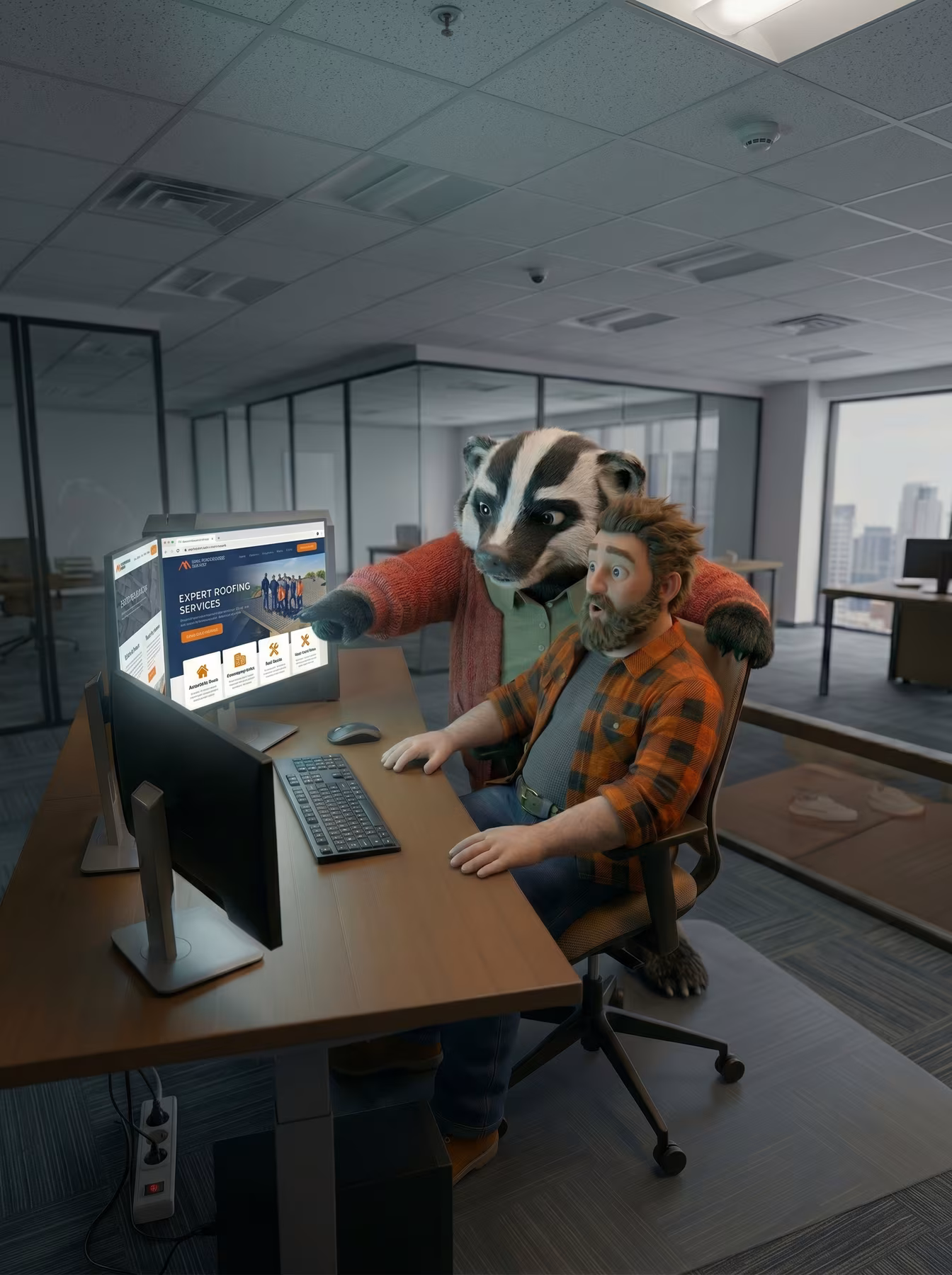 LegitWebDev badger mascot Barry Wilder showing to a client sitting behind a computer a blazingly fast website that LWD team has prepared for him. The client looks amazed, blown by an invisible gust of wind from the screen ruffling his hair and beard.