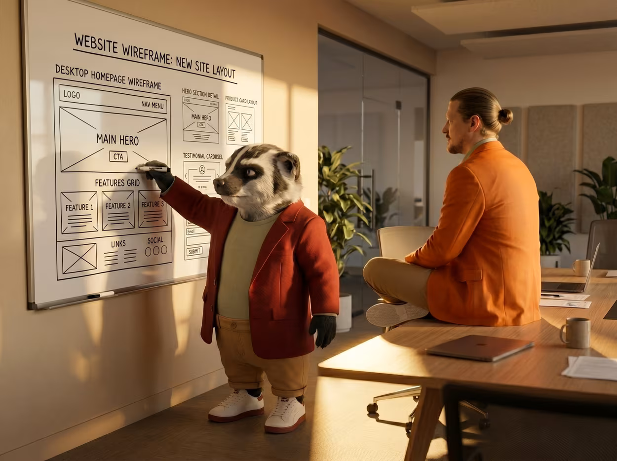 Barry and Paul are planning their development steps on a whiteboard in an office room.