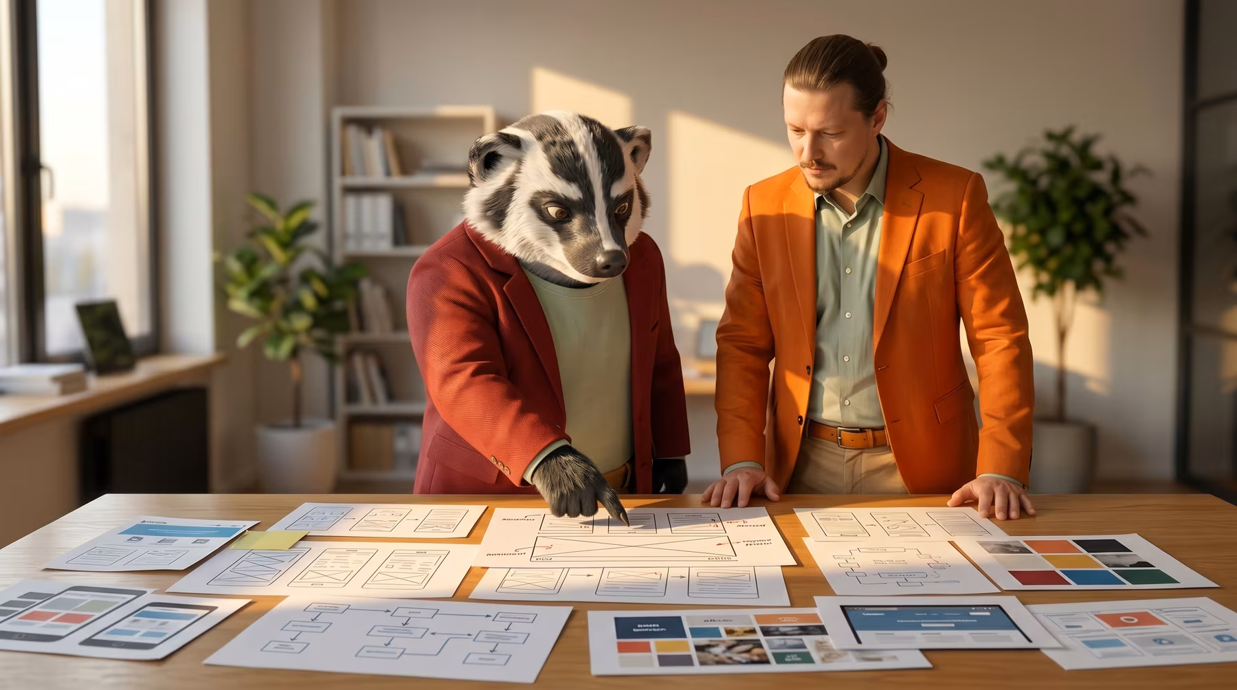 Barry and Paul are standing in front of a table with design draft and wireframes, preparing for a new website project.