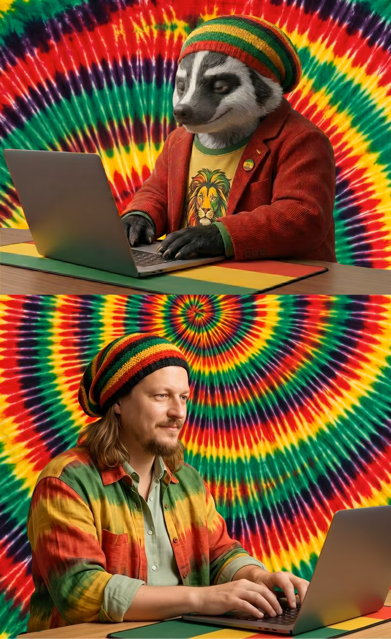 Barry and Paul on a trippy tie-dye background, in rasta outfits vibe-coding on their laptops with chill expressions.