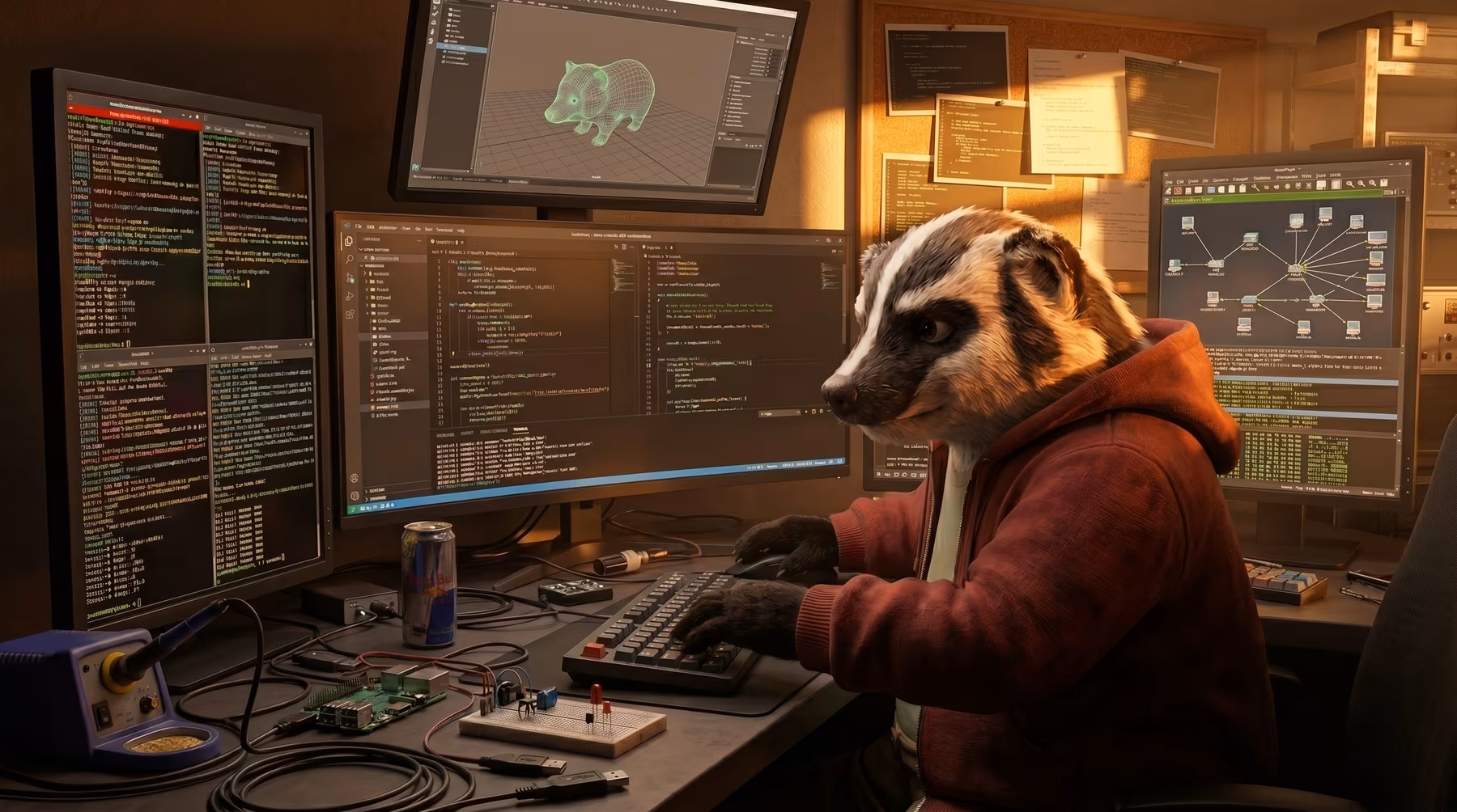 Badger mascot locked in and programming in a room full of computers and screens.