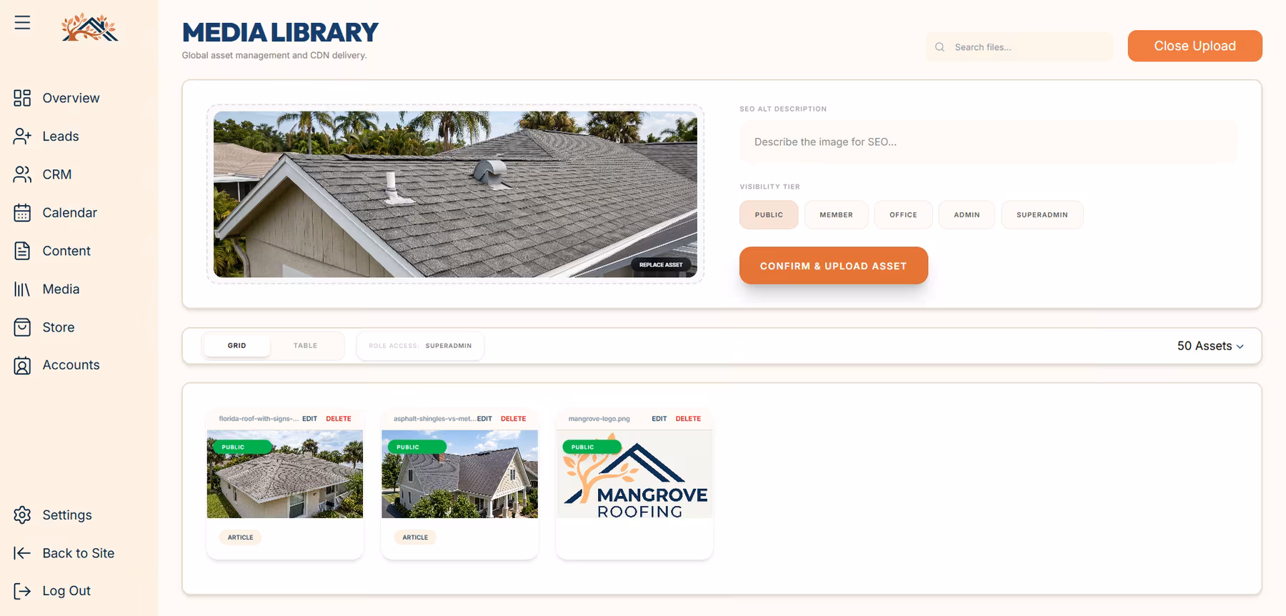 Screenshot of a custom dashboard page called Media Manager.