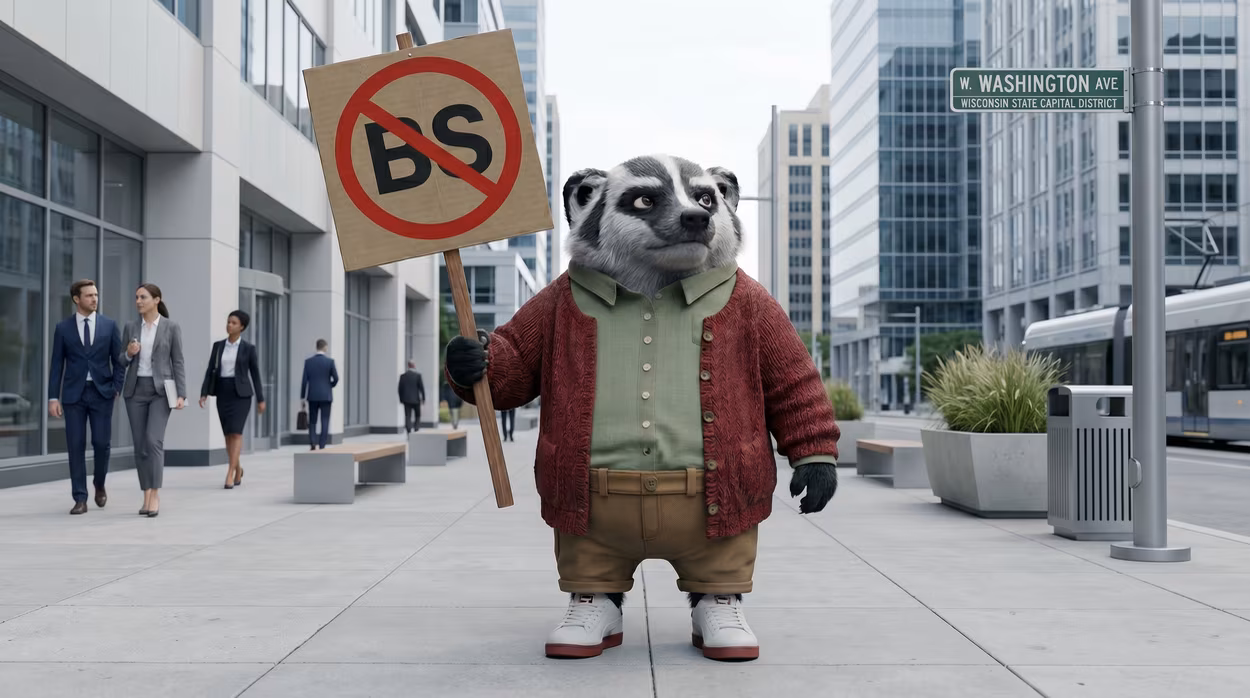 Barry the Badger holds a "No BS" sign in an American downtown  business setting, promoting honest services.