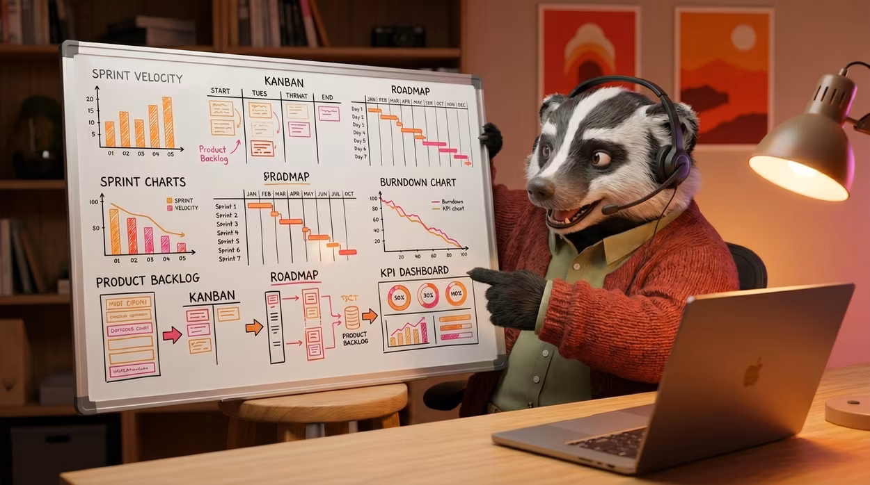 Badger mascot enthusiastically explains a buch of tech terms on a portable whiteboard to a client over a Zoom call.