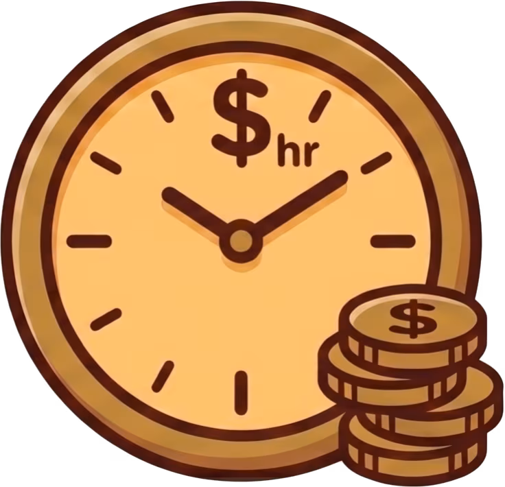 Icon of clock with coins nearby representing hourly pricing that LegitWebDev studio does not approve of.