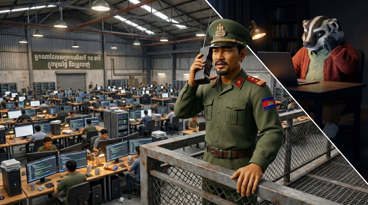 A shady offshore software development studio in South-East Asia. Big, non-descript hangar floor filled with developers forced to work insane hours in brutal conditions overseen by the military.