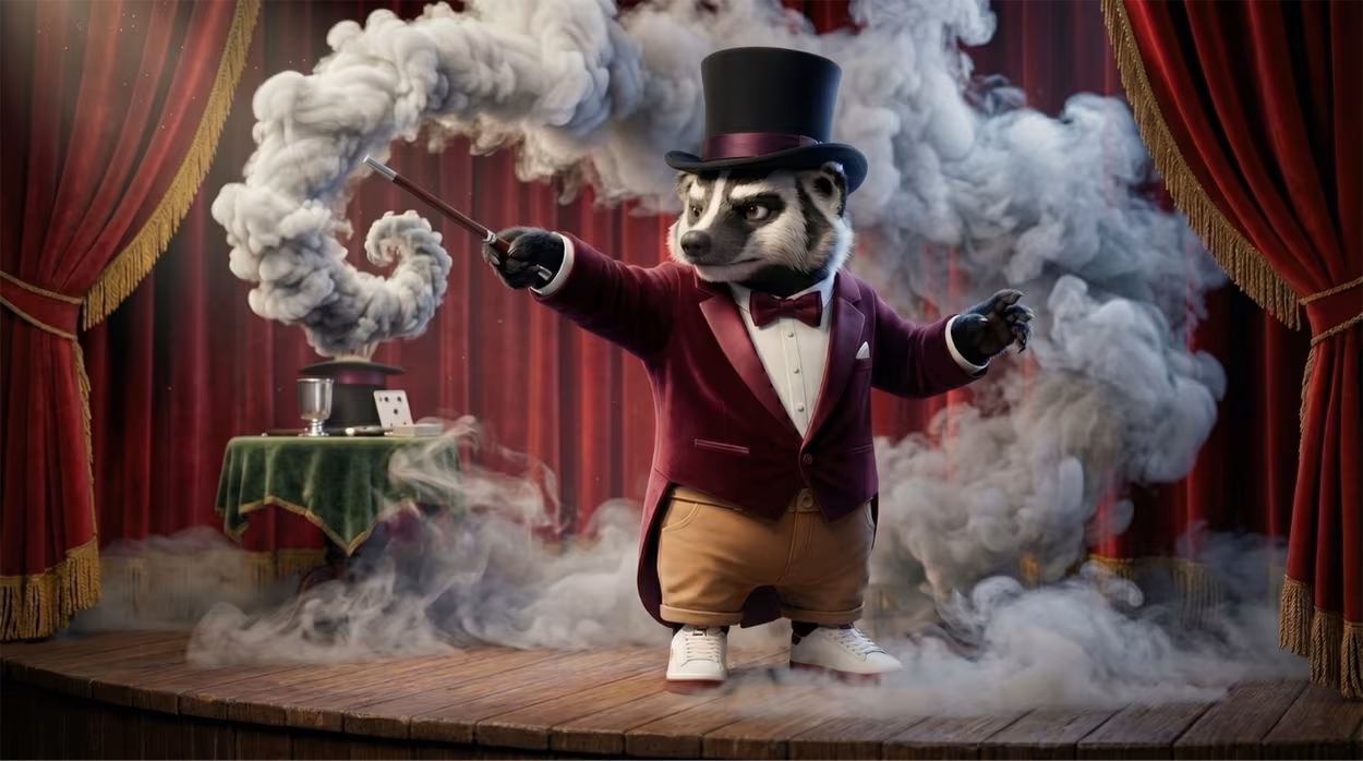 Barry the badger dressed as magician casts a smokescreen on stage in front of the audience.
