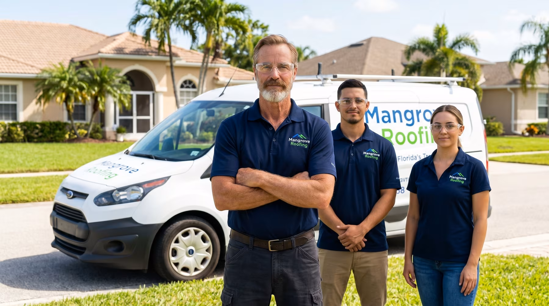 Example 02 of a custom AI-generated photo featuring client's likeness. Portraying him as a business owner of a plumbing company in front of a van and a crew.