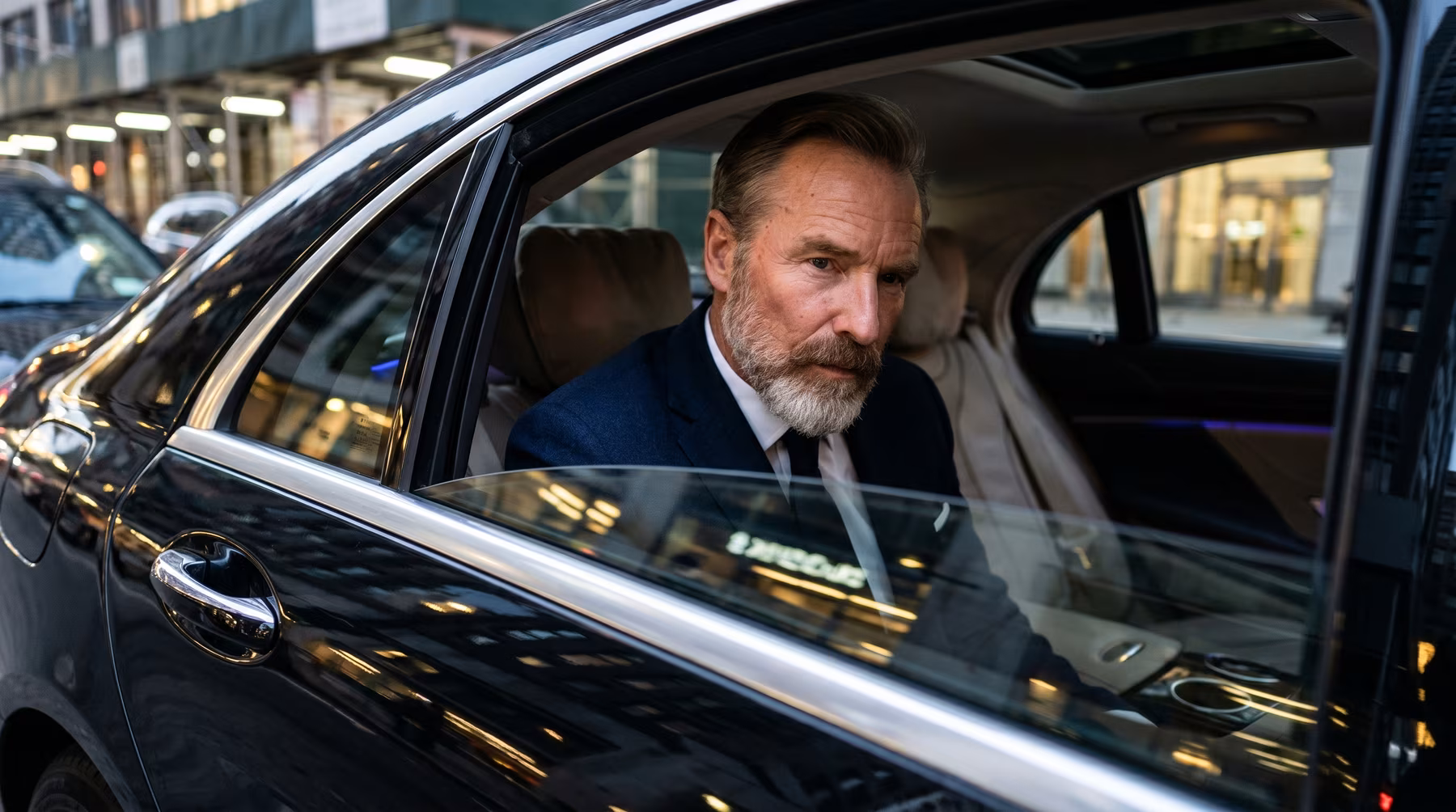 Example 01 of a custom AI-generated photo featuring client's likeness. Portraying him as a high-net-worth individual in a suit through a window of a luxury black car.