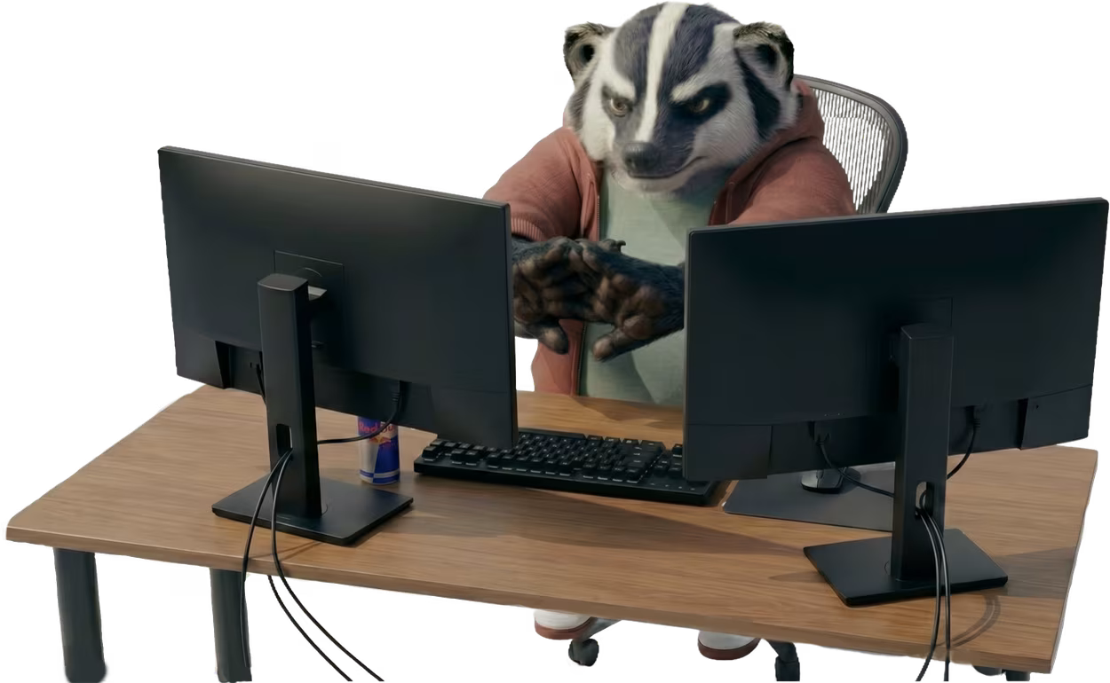 Badger mascot cracking his knuckles in fromt of a computer, getting ready to start designing and developing a website.
