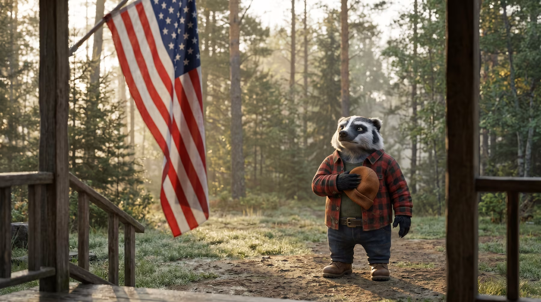 Barry the American Badger pushing his hat against his chest, looking partiotically at the American flag in the foreground.