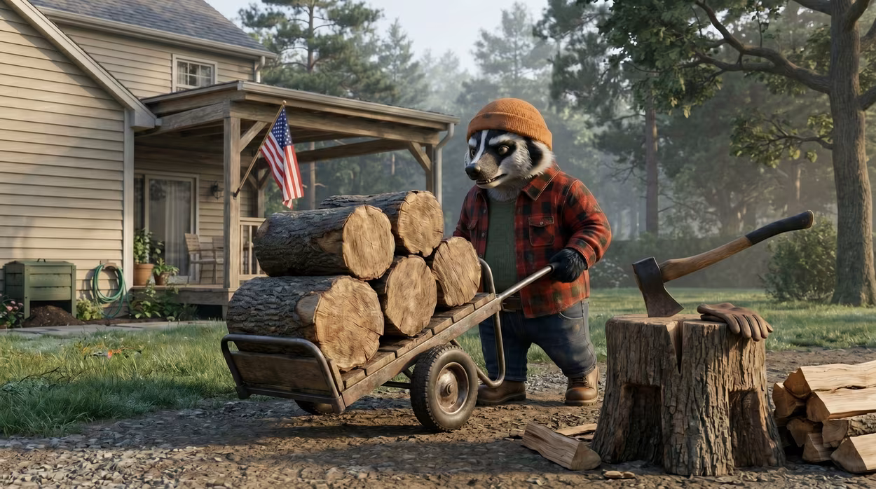 Barry Wilder dressed as lumberjack rolling wood logs in a cart over to the chopping block.