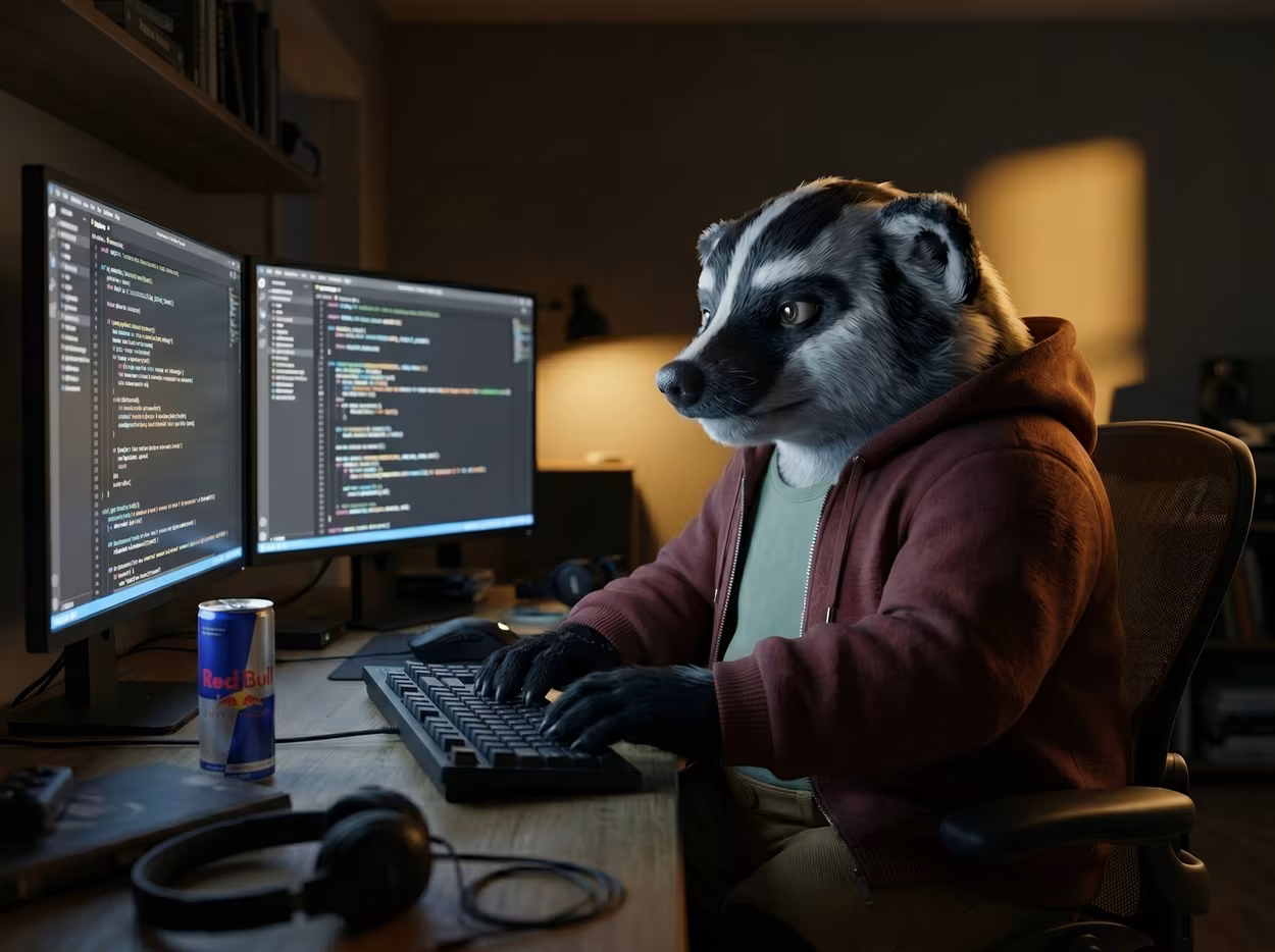 A focused American badger, coding in front several computer screens, completely locked in.