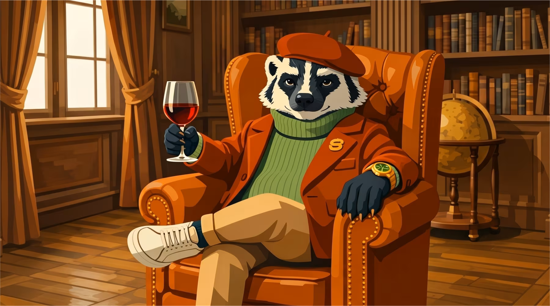 Example of a custom image asset featuring corporate mascot with a glass of wine in a posh armchair in a flat 2D illustration style.