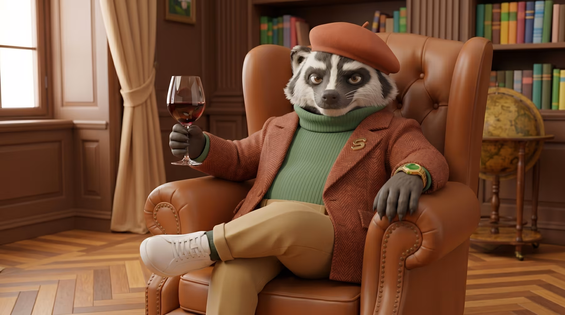 Example of a custom image asset featuring corporate mascot with a glass of wine in a posh armchair in a style of professional 3D render.