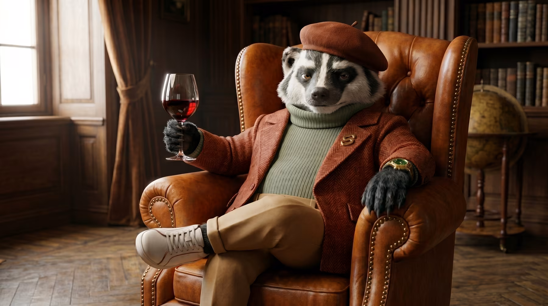 Example of a custom image asset featuring corporate mascot with a glass of wine in a posh armchair in a photorealistic style.