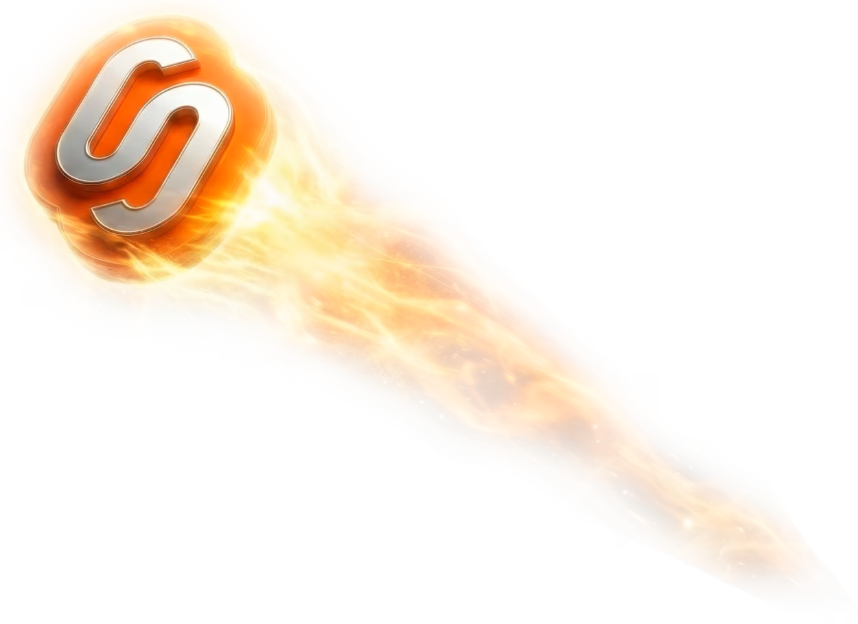 Svelte logo flying through the sky with a trail of flames behind it.