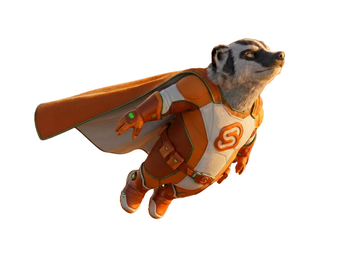 A heroic mascot playfully flies, offering innovative solutions and engaging brand experiences.