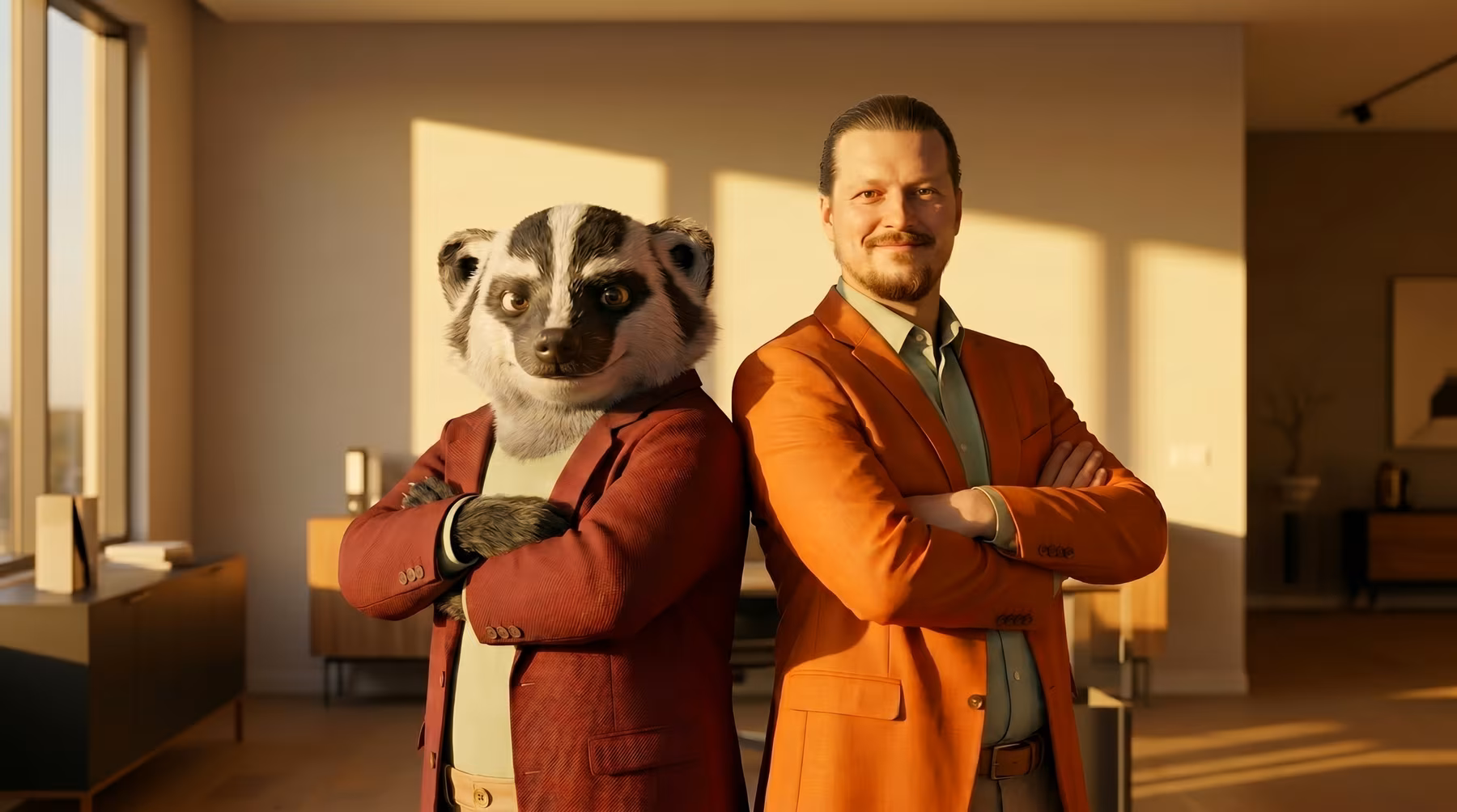 Team of LegitWebDev Studio. Barry (the Badger) Wilder and Pavel (Paul) Marr. Standing back to back hands folded on their chasts, smiling into the camera.