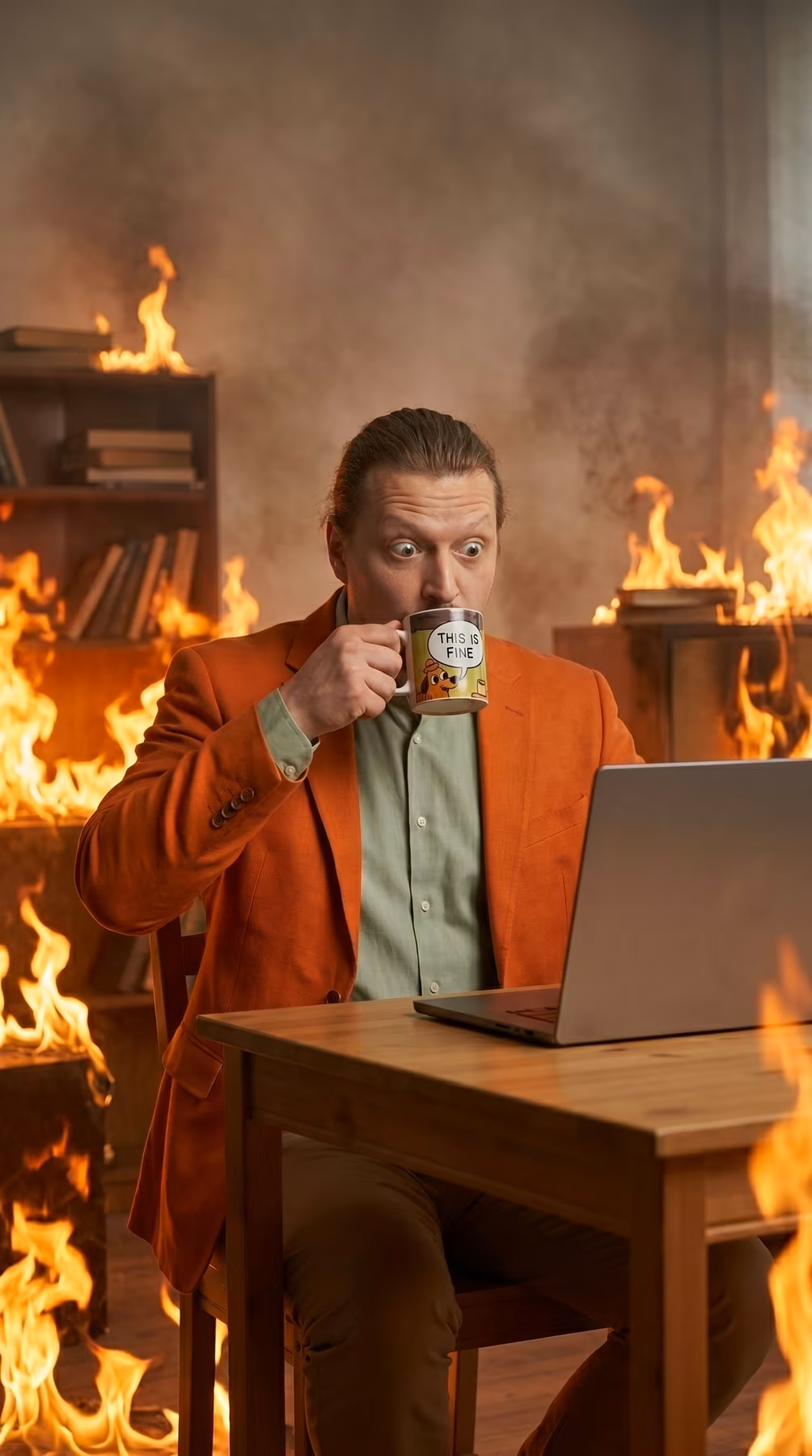 Paul Marr sitting in front of a laptop in a room on fire with a surprised expression. Drinking from a cup with This is Fine meme on it.