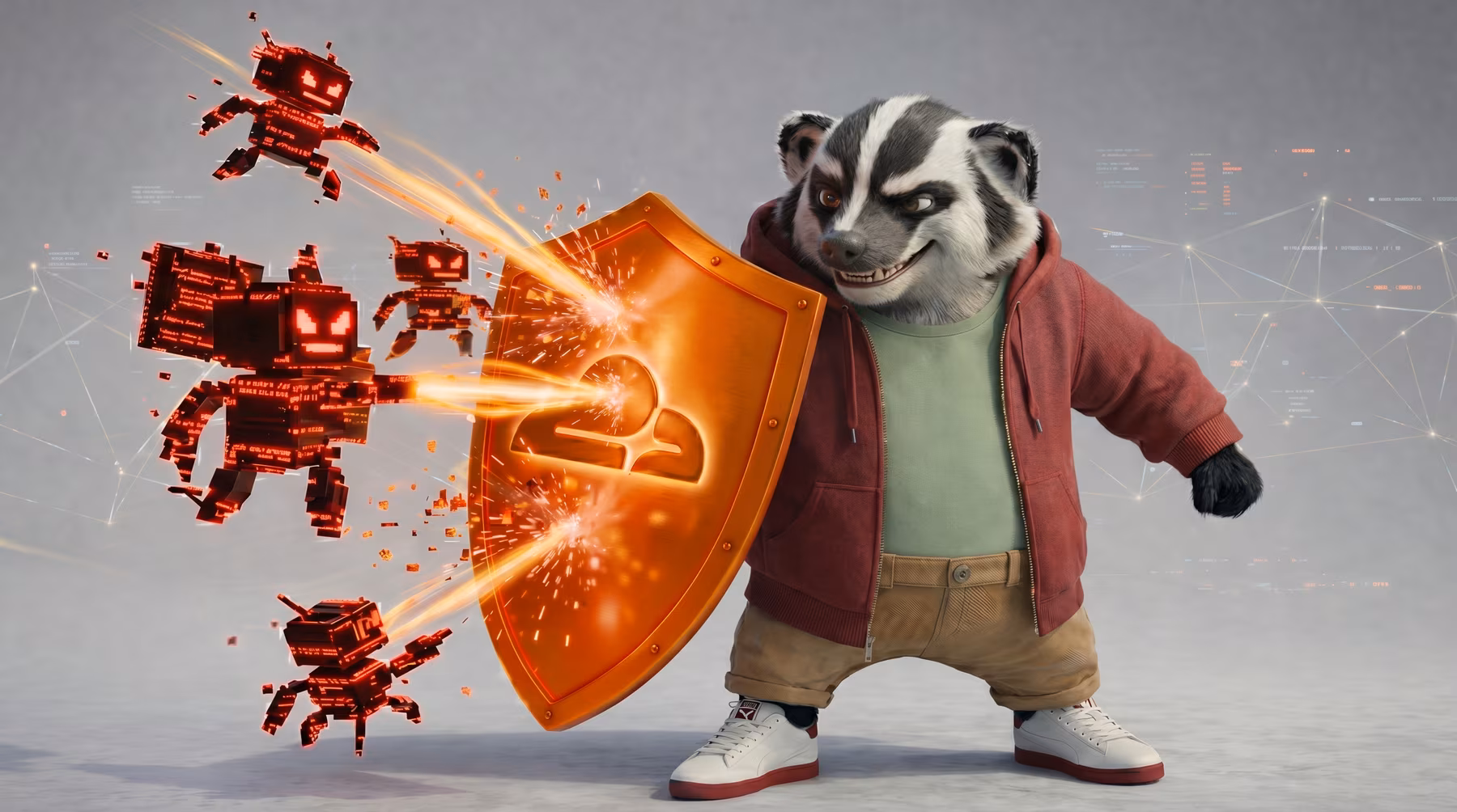 American Badger mascot is fending malicious bots off with a shield with a Cloudflare logo on it.