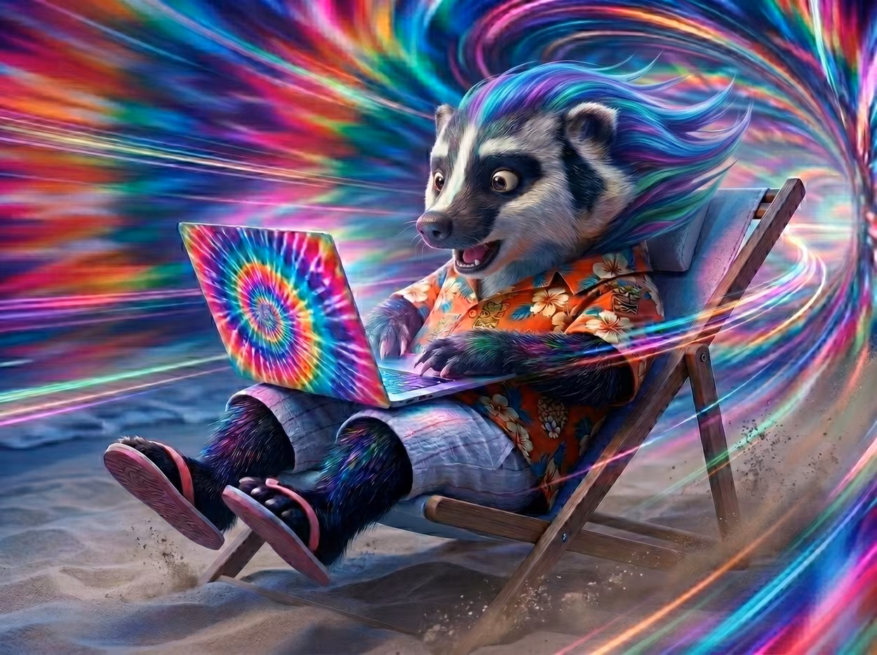 American badger mascot blasting through a surreal colorful tunnel at warp speed while vibe-coding on his laptop.