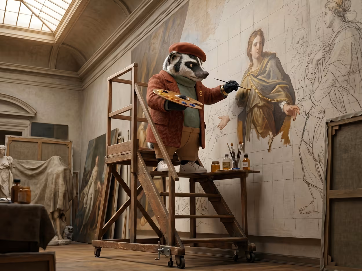 Barry the mascot finishing painting a classical masterpice on a wall of a big gallery.