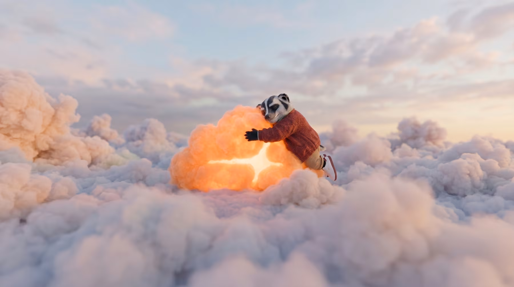 Barry Wilder badger mascot in the sky above evening skies is hugging an fluffy orange cloud that looks like the Cloudflare logo.